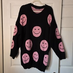 Oversized I Saw It First Black Sweater With Pink Smiley Faces Size L